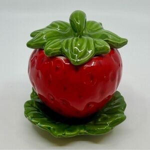 Vintage Ceramic Strawberry Jam Jar Lidded Canister Cottagecore Decor